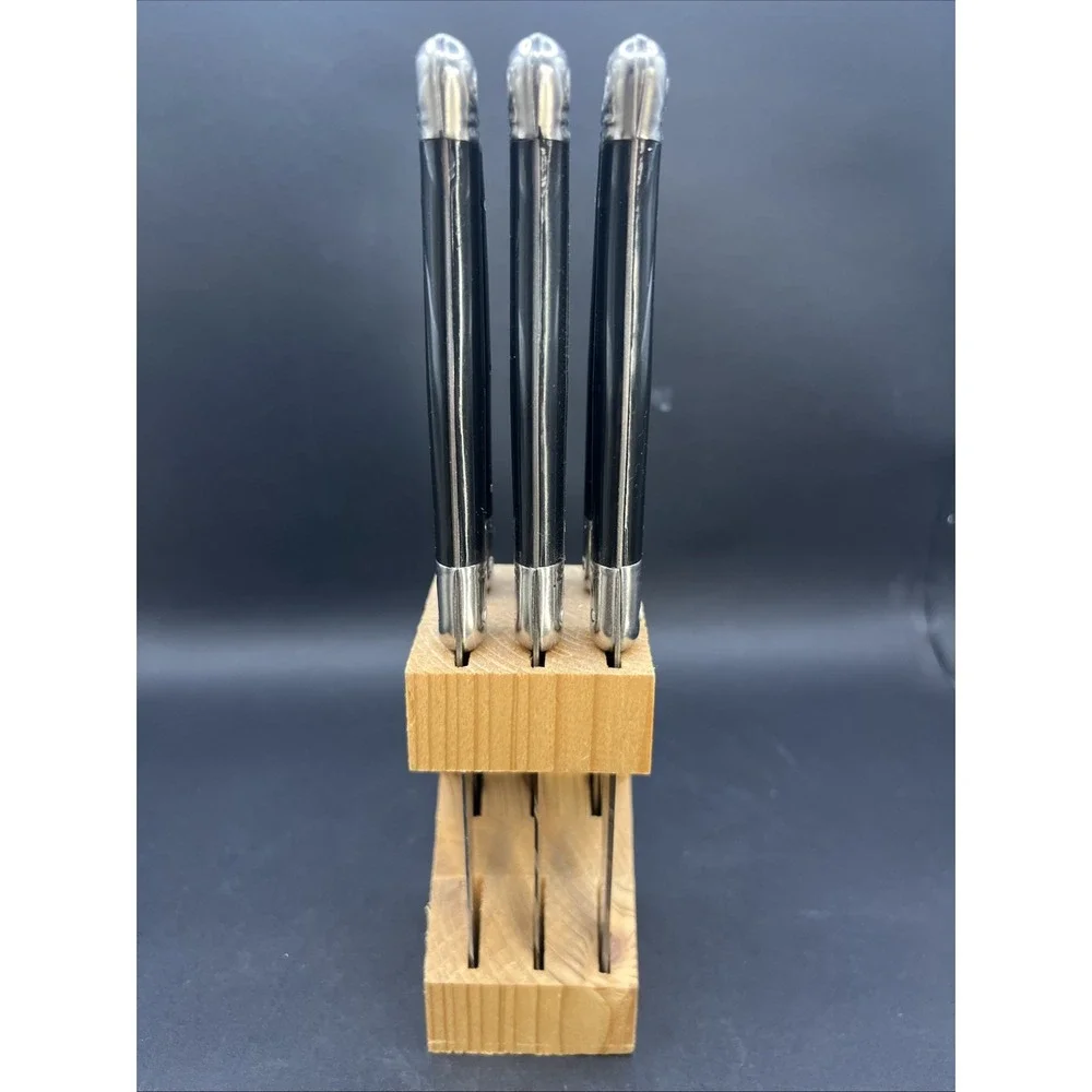 Jean Dubost Laguiole Steak Knives Set of 6 Black Handles Inox with Wooden Block